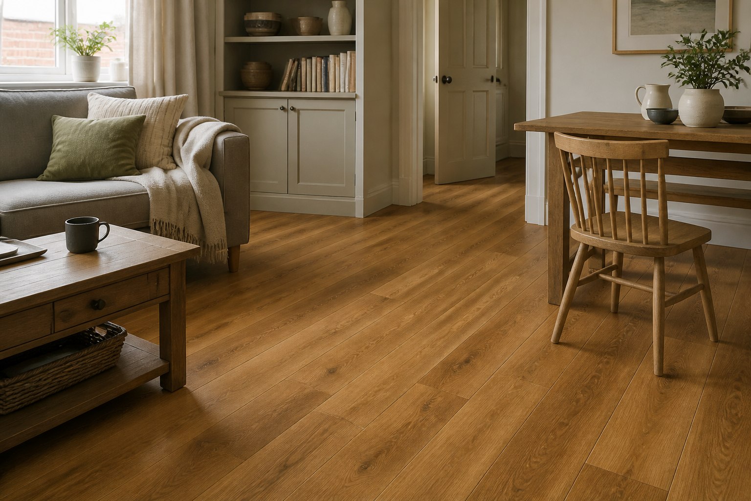 Warm oak-effect LVT in a living and dining space